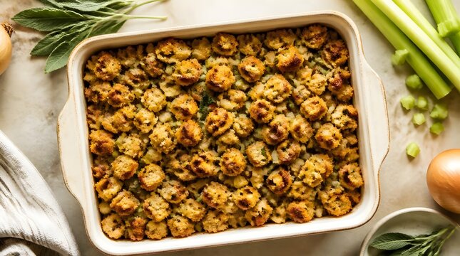 Overhead flat lay of golden herb stuffing with toasted bread cubes sage thyme onions celery and melted butter on rustic wooden table