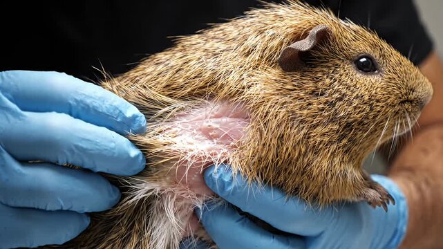 Veterinarian in gloves holding a guinea pig.