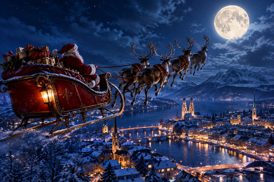 Santa Claus flies in his magical sleigh pulled by reindeer over a beautiful, snowy illuminated city under the full moon