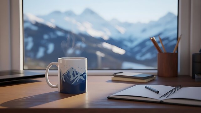 A cozy workspace featuring a steaming coffee mug with a mountain a notebook, and a pen, set against a window view of snowy mountain peaks