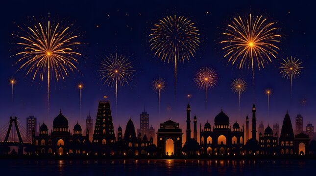 Silhouette vector of a modern city skyline with brilliant fireworks bursting in celebration above skyscrapers at night