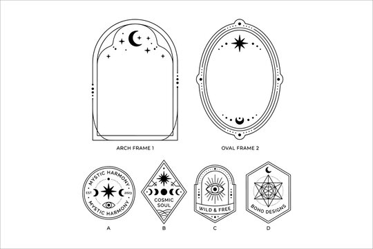 Mystical tarot and occult symbol frames with celestial icons in black and white vector style
