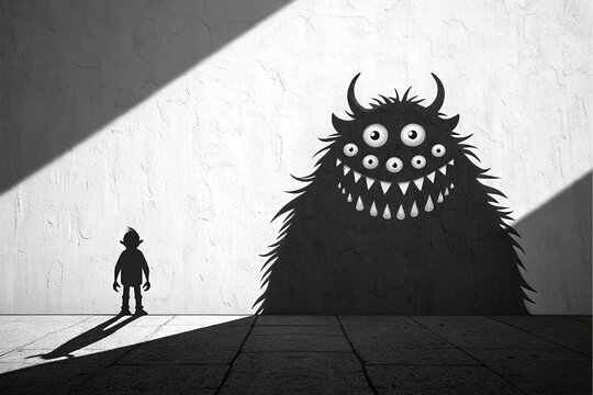 Conceptual illustration of a small boy casting a big scary monster shadow with multiple eyes and sharp teeth on a wall