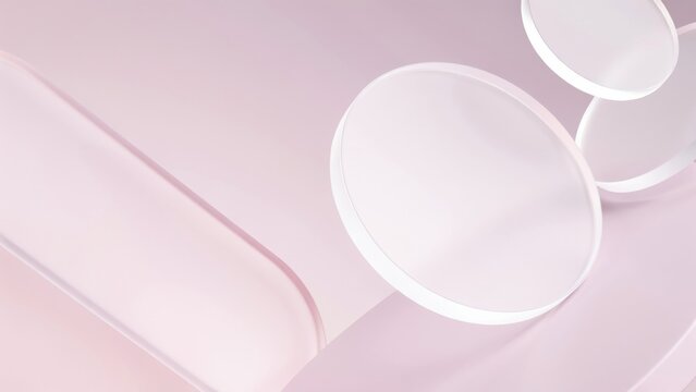 Abstract 3d composition with floating soft pink circular discs and geometric shapes