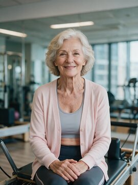 Portr&auml;t einer l&auml;chelnden &auml;lteren Frau im Fitnessstudio nach dem Pilates-Training