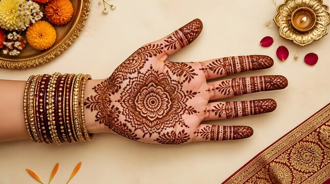 Overhead view of a female hand adorned with ornate henna mehndi designs placed on plain surface with decorative cones flower petals and rings
