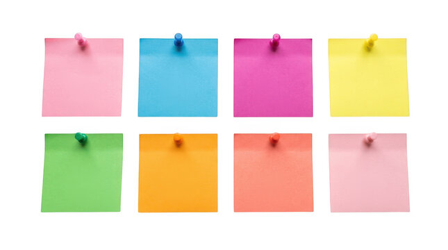 Set of colorful sticky notes with push pins for reminders and office organization