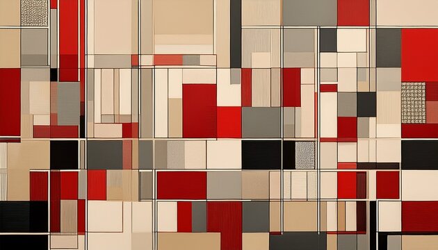 abstract geometric textile design featuring interlocking squares and rectangles in red beige and gray