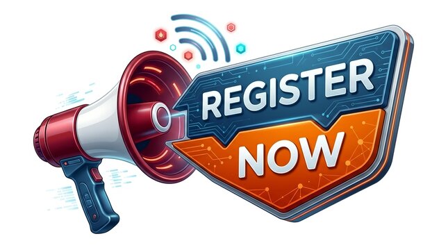 Register now megaphone sign for digital marketing and promotional campaigns isolated on white background with modern technology style graphic elements
