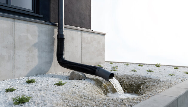 Modern home foundation equipped with a rainwater diversion system that directs roof runoff safely away from the building through a landscaped drainage channel.