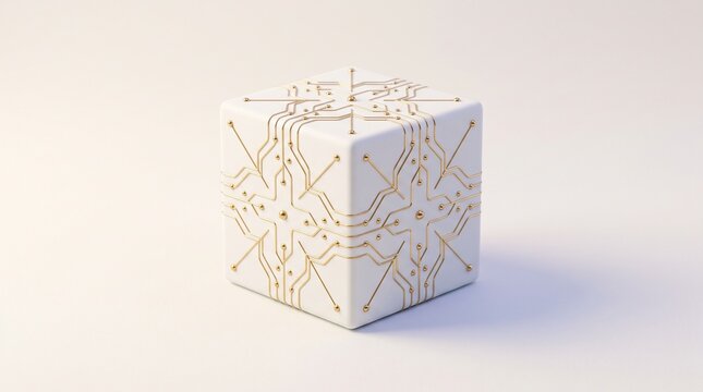 Geometric cube decorated with intricate golden line patterns and circuit motifs stands on a neutral surface.
