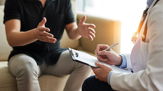 A medical in a white coat writing on a clipboard while listening to a patient during a consultation in a bright and modern clinic room