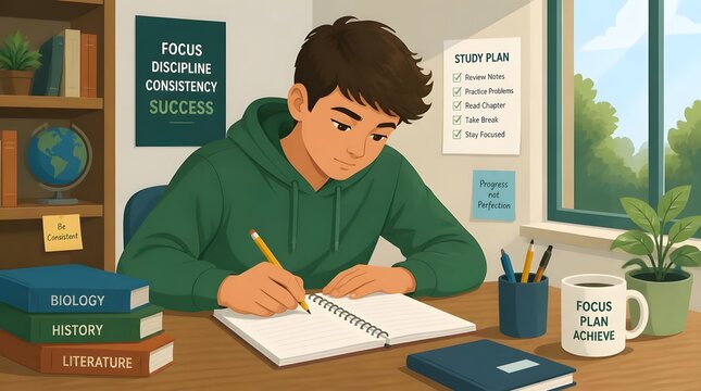Flat vector illustration of a young student sitting at a desk with laptop textbooks lamp and backpack in a cozy study room