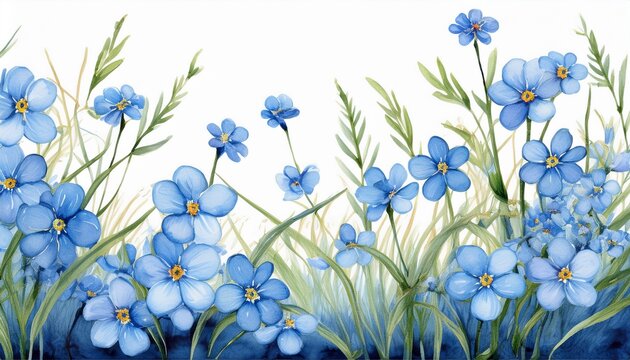 blue delicate forget me not flowers and field grass spring botanical watercolor seam