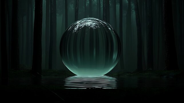 Luminous glass orb in a dark misty forest.