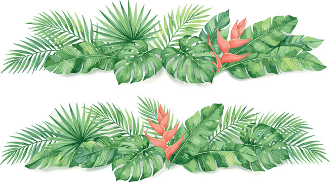 Watercolor tropical leaves vector borders set with monstera palm foliage and exotic pink flowers isolated on white background for summer wedding invitation design