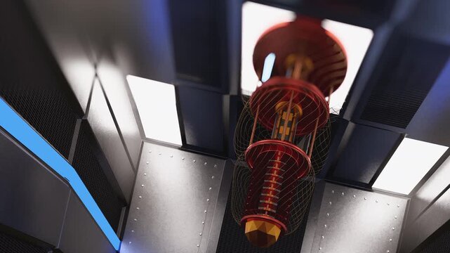 Futuristic Server Room Interior with Central Quantum Computer. Cinematic camera sweep inside a high tech data center featuring a central quantum mainframe