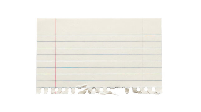 Lined paper sheet, torn notebook page with blue horizontal lines and red margin, school stationery isolated on Transparent Background
