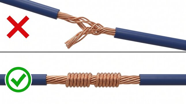 Correct and incorrect copper wire splicing technique comparison guide.