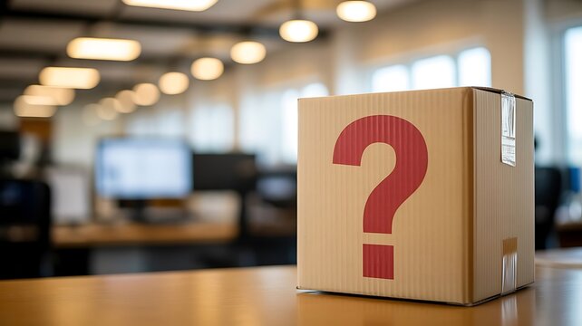 Cardboard box with a large red question mark printed on the side sitting on a wooden desk in a blurred modern office environment background