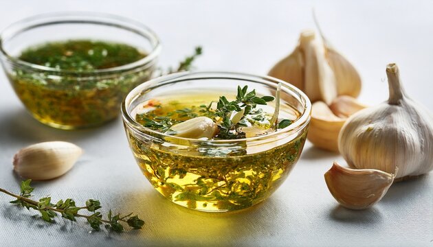 fresh chopped herbs and garlic infused in olive oil in a glass bowl