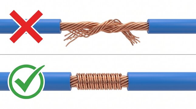 Wire splicing tutorial demonstrating correct versus incorrect methods blue.