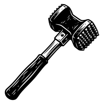 Meat Tenderizer Mallet: A vintage-style illustration of a double-sided meat tenderizer mallet, showcasing its textured surface for breaking down tough meat fibers.