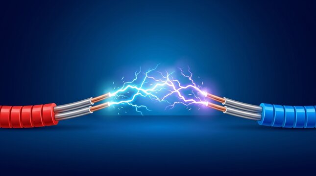 Electric discharge between exposed copper wires with blue background.