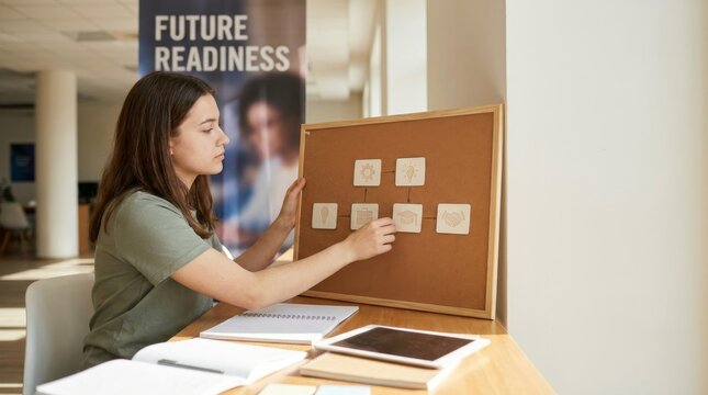 Young woman arranging creative concepts on a cork board in a contemporary office to prepare for future projects
