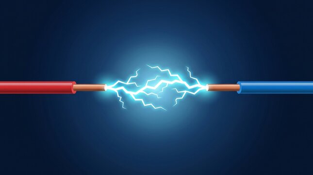 Two stripped copper electric wires sparking with blue electricity on dark backdrop.