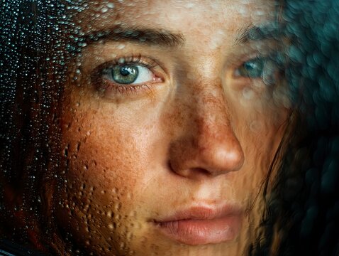 Close up portrait of a woman with wet hair and skin.
