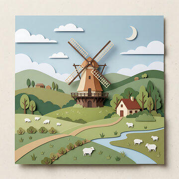 Windmill in a picturesque countryside landscape