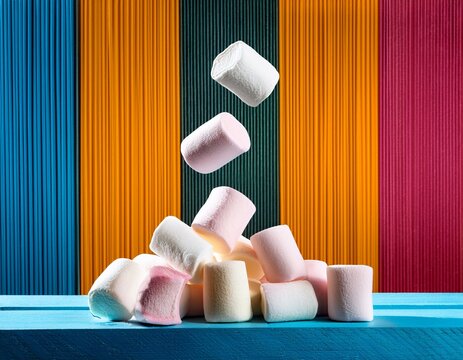 marshmallows falling onto a pile against a colorful striped background