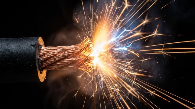 Copper wire sparking with bright orange flashes on dark background.