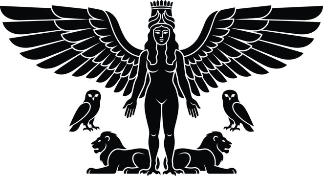 Ancient Mesopotamian goddess Ishtar Queen of the Night with spread wings standing on two lions flanked by owls wearing a horned crown representing Babylonian myths and divine power.