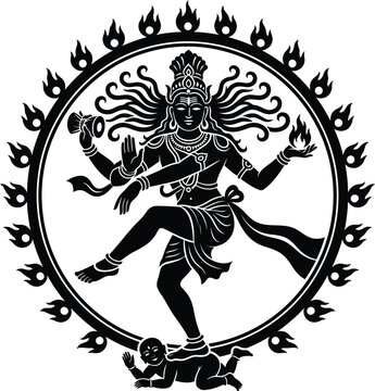 Lord Shiva Nataraja performing the cosmic dance Ananda Tandava Hindu deity holding damaru drum and agni fire trampling the demon Apasmara surrounded by flaming Prabhamandala circle.