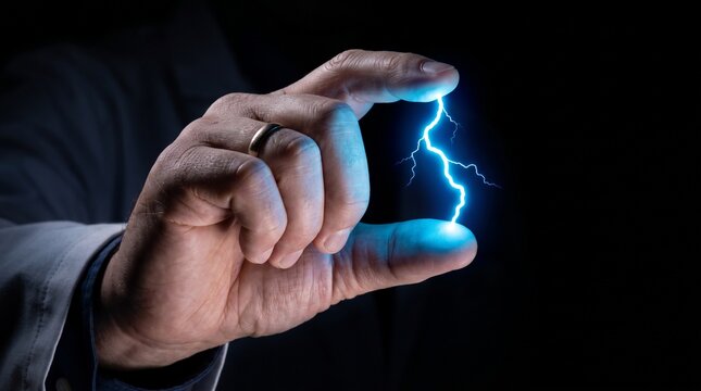 Hand holds glowing blue lightning between fingertips representing power.