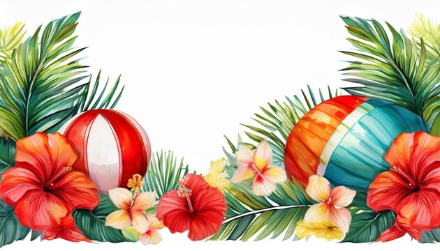 tropical beach border frame with hibiscus flowers palm leaves seashells and a beach ball isolated on white background