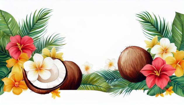 tropical border frame with palm leaves hibiscus flowers plumeria and coconuts isolated on white background