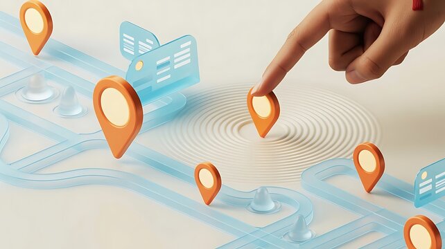 Human finger pressing a location pin on a digital map interface with glowing orange markers and blue paths representing logistics and navigation