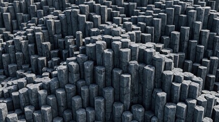 Fototapeta premium Abstract 3 d render of dark grey hexagonal basalt columns, repeating geometric stone pillar pattern with varying heights and sharp edges creating a textured surface landscape