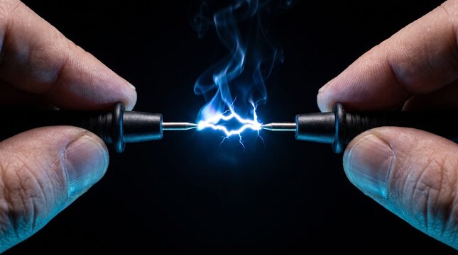 Two hands holding electrical test probes creating blue spark and smoke.