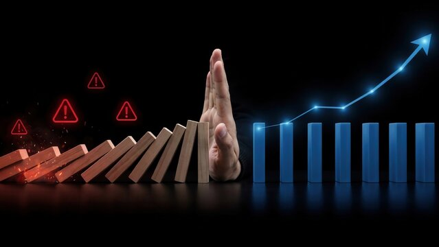Hand stopping falling dominoes to protect growth and business success