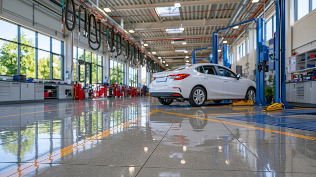 Symmetrical view down a bright modern automotive repair garage with glossy epoxy flooring and a continuous row of hanging air hoses overhead, empty vehicle service platforms, clean tool storage, bri
