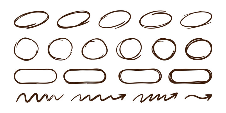 Set of hand drawn circles ovals and scribble arrows in black ink style