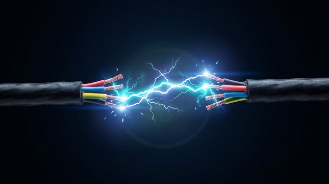 Electrical sparks jump between frayed wires with colored insulation on dark background.