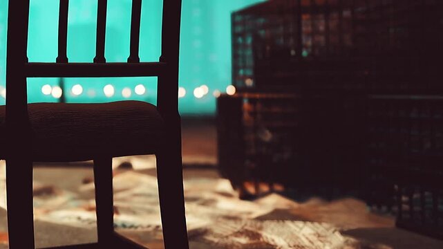A lonely chair stands in a softly lit room, surrounded by small crates and scattered papers. The atmosphere is quiet, hinting at untold tales and past conversations waiting to emerge.