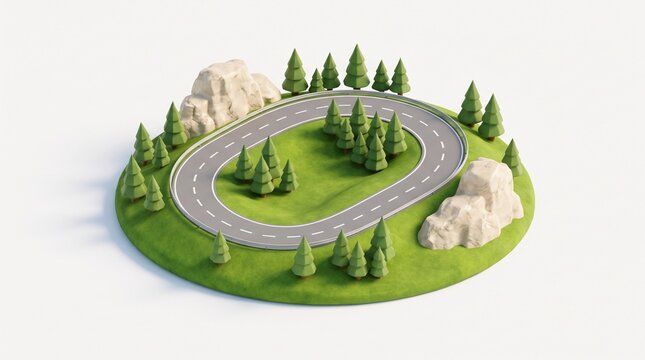Isometric race track with pine trees and rocks on green grass island.
