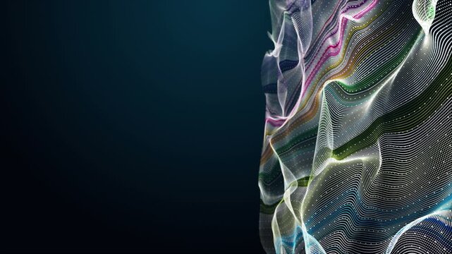 Fantastic video animation with particle wave object in slow motion and space for text, 4096x2304 loop 4K