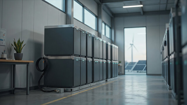 A row of industrial battery energy storage system units installed inside a modern warehouse facility with natural light coming through large windows at the end